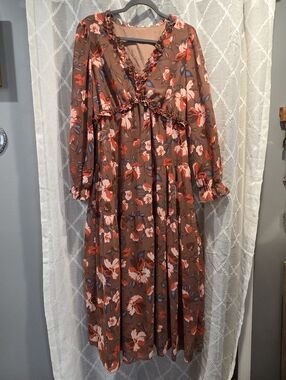 Brown Floral Maxi Dress with Ruffle V-Neck